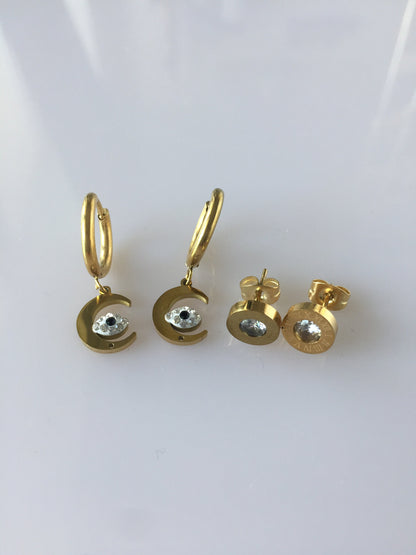 Gold Half Moon Evil Eye Dangle Earrings