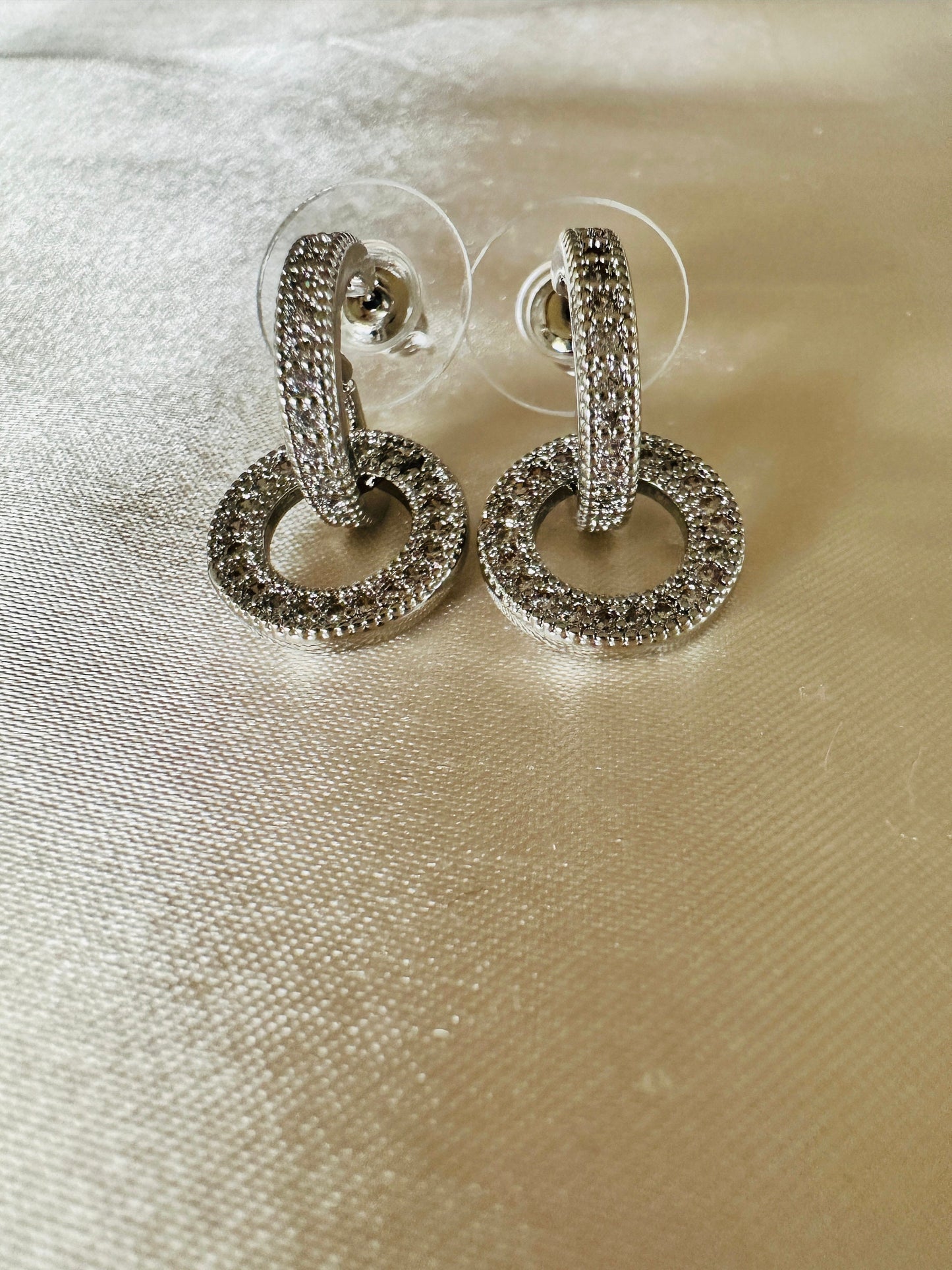 Cubic Zircon Dangle Drop Earrings: Silver Double Circle