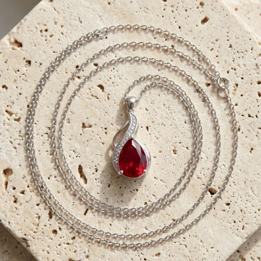 Ruby Teardrop Necklace – Sterling Silver July Birthstone Pendant - Gift For Her