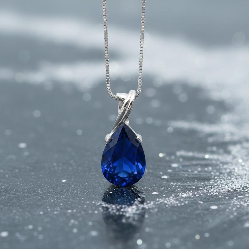 Gold Vermeil Sapphire Teardrop Necklace - September Birthstone Pendant - Dainty Jewelry Gift for Her-