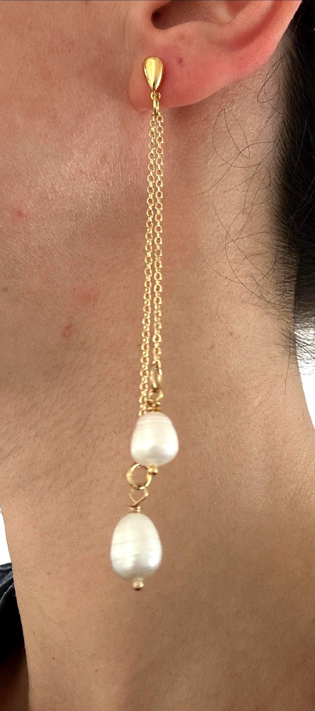 Handmade Pearl Drop Earrings: Gold Stainless Steel Hoops