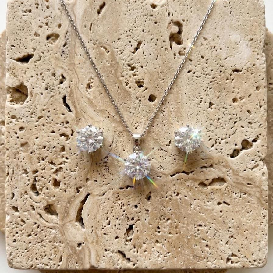 Sterling Silver Cubic Zirconia Solitaire Necklace & Earrings Set