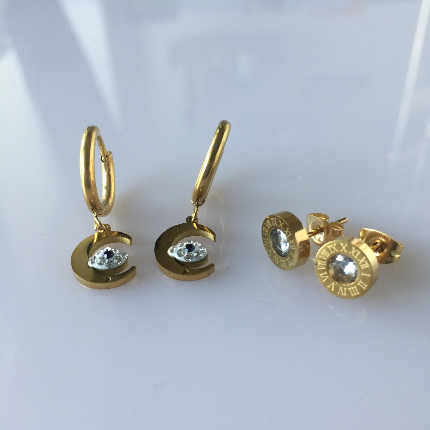 Gold Half Moon Evil Eye Dangle Earrings