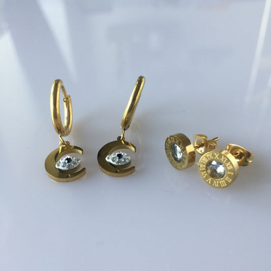 Gold Half Moon Evil Eye Dangle Earrings