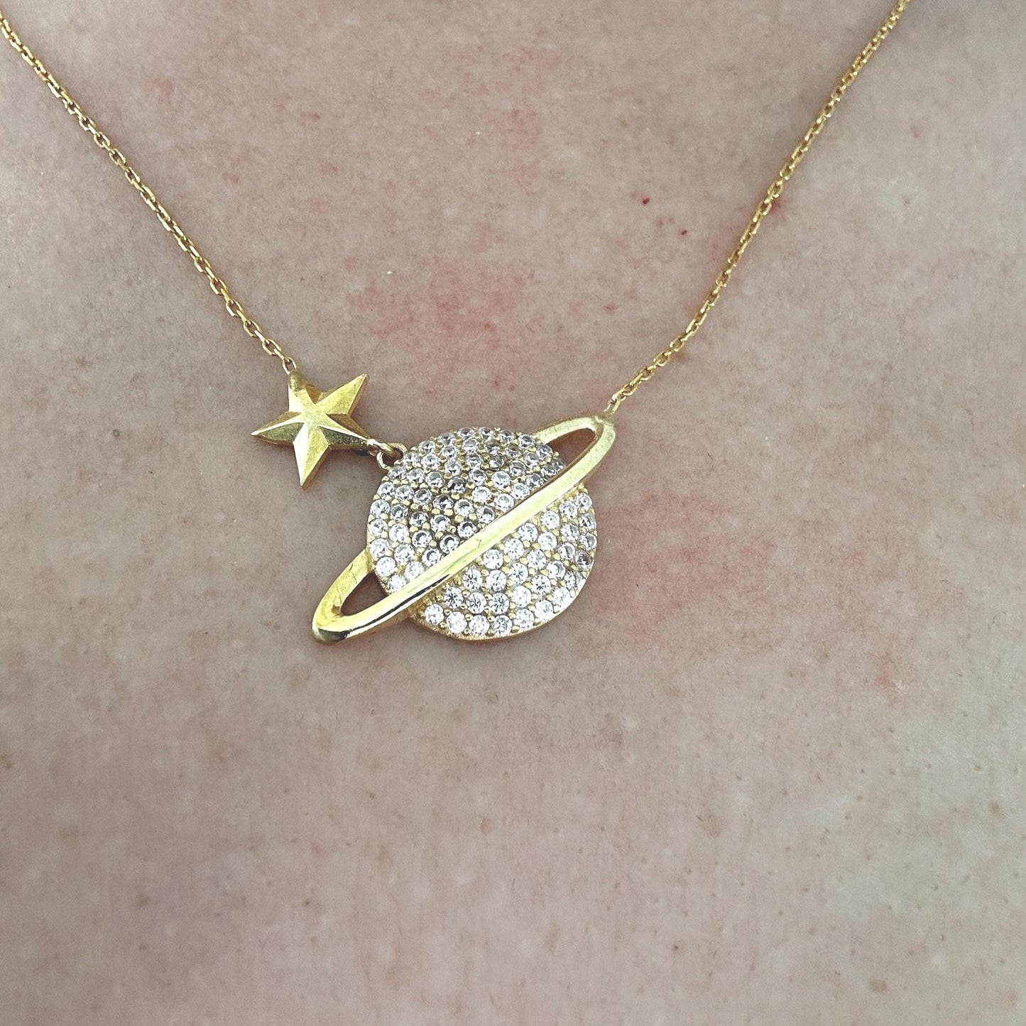 Gold Vermeil Saturn Pendant Necklace - Sterling Silver Zircon Planet Jewelry-Gift For Her