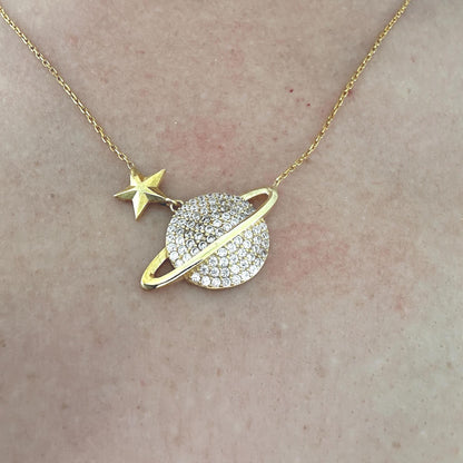 Gold Vermeil Saturn Pendant Necklace - Sterling Silver Zircon Planet Jewelry-Gift For Her