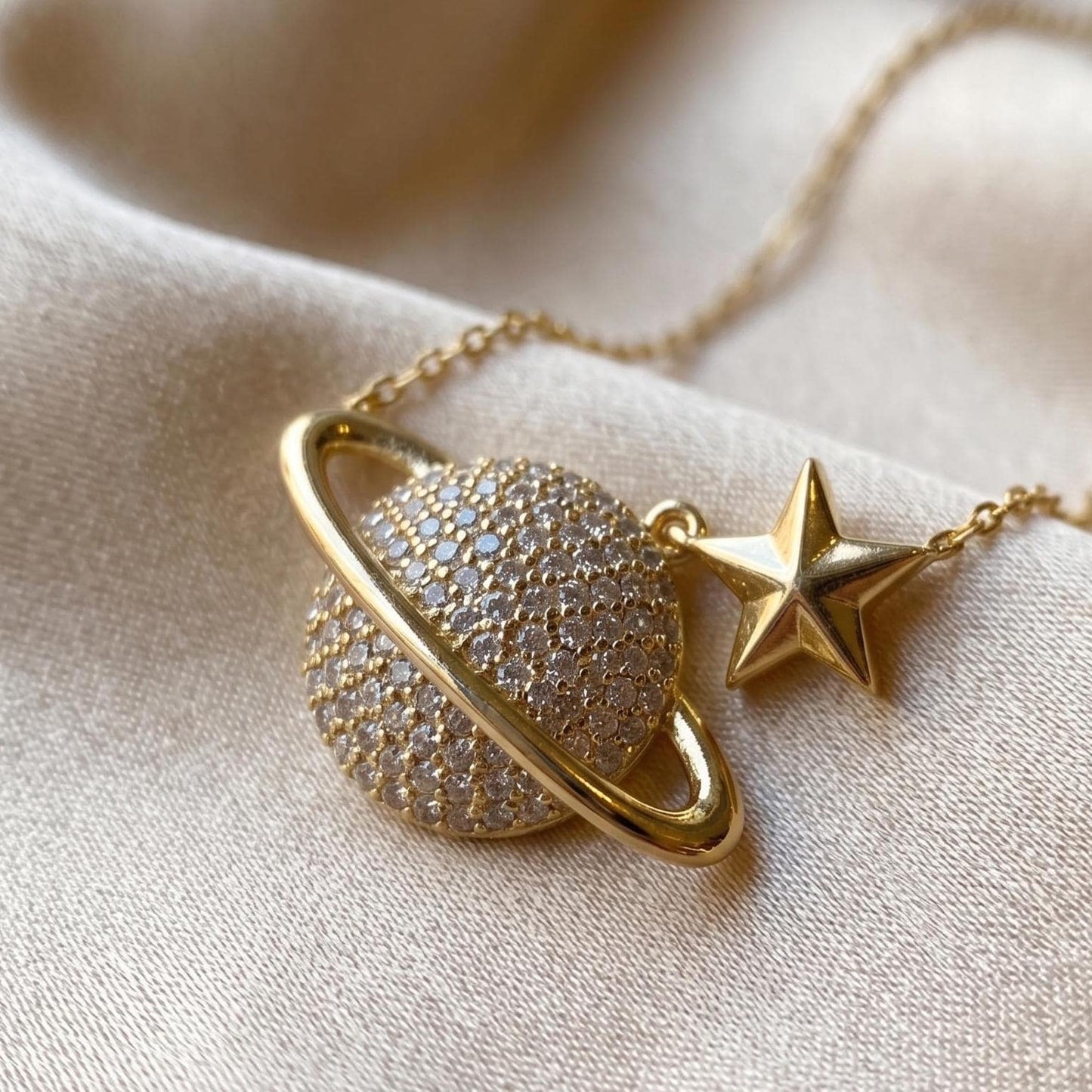 Gold Vermeil Saturn Pendant Necklace - Sterling Silver Zircon Planet Jewelry-Gift For Her