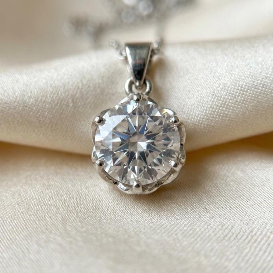 CZ Floral Pendant Necklace - Sterling Silver April Birthstone