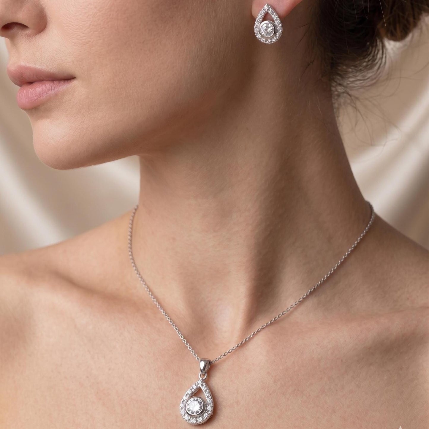 Teardrop Sterling Silver April Birthstone Necklace Set -Gift For Her