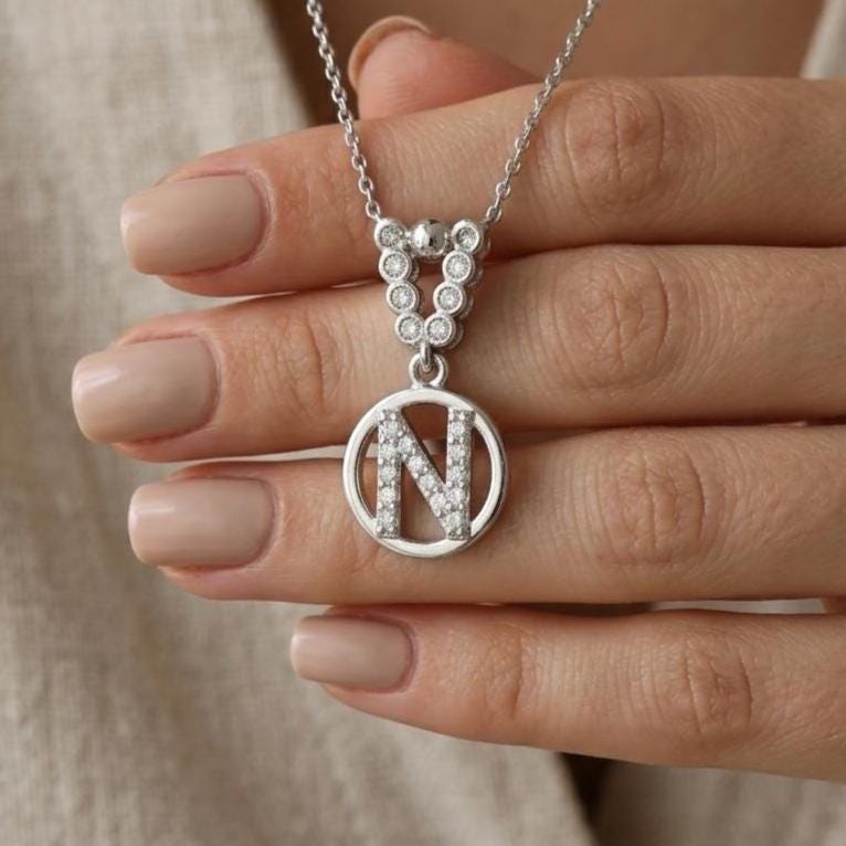 Custom Sterling Silver N Initial Necklace with Zircon Gem - Personalized Letter Jewelry
