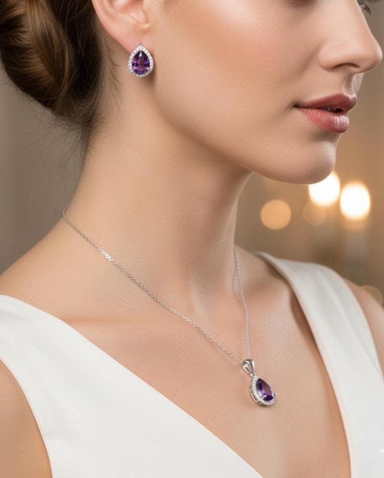 Elegant Amethyst Teardrop Necklace & Earrings Set - February Birthstone Jewelry