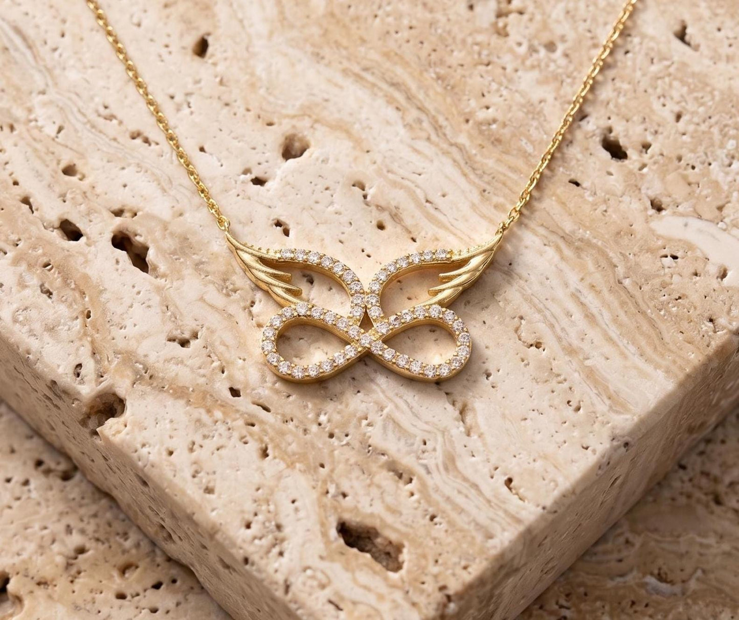 Angel Wing Infinity Necklace – Gold Vermeil on Sterling Silver with Zircon