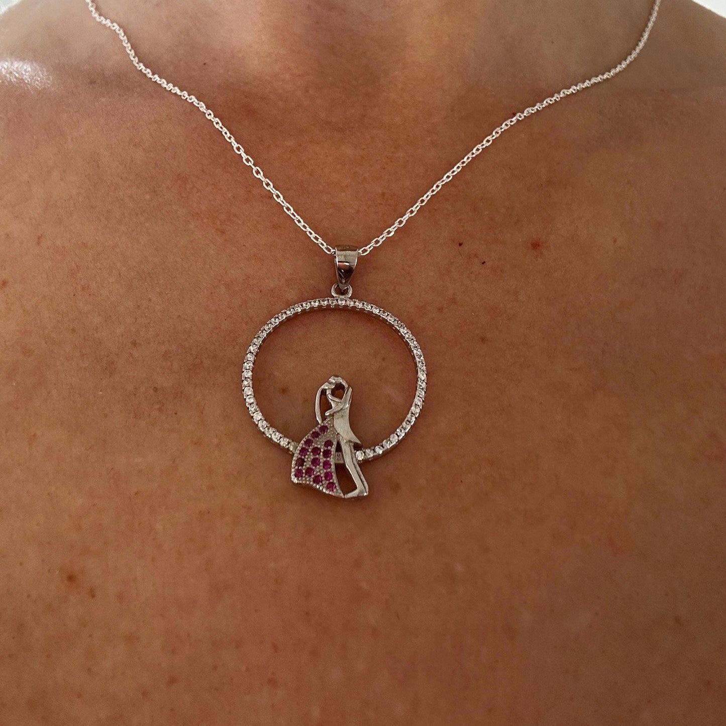 Hugging Couple Necklace in Sterling Silver with Elegant Zircon Stone