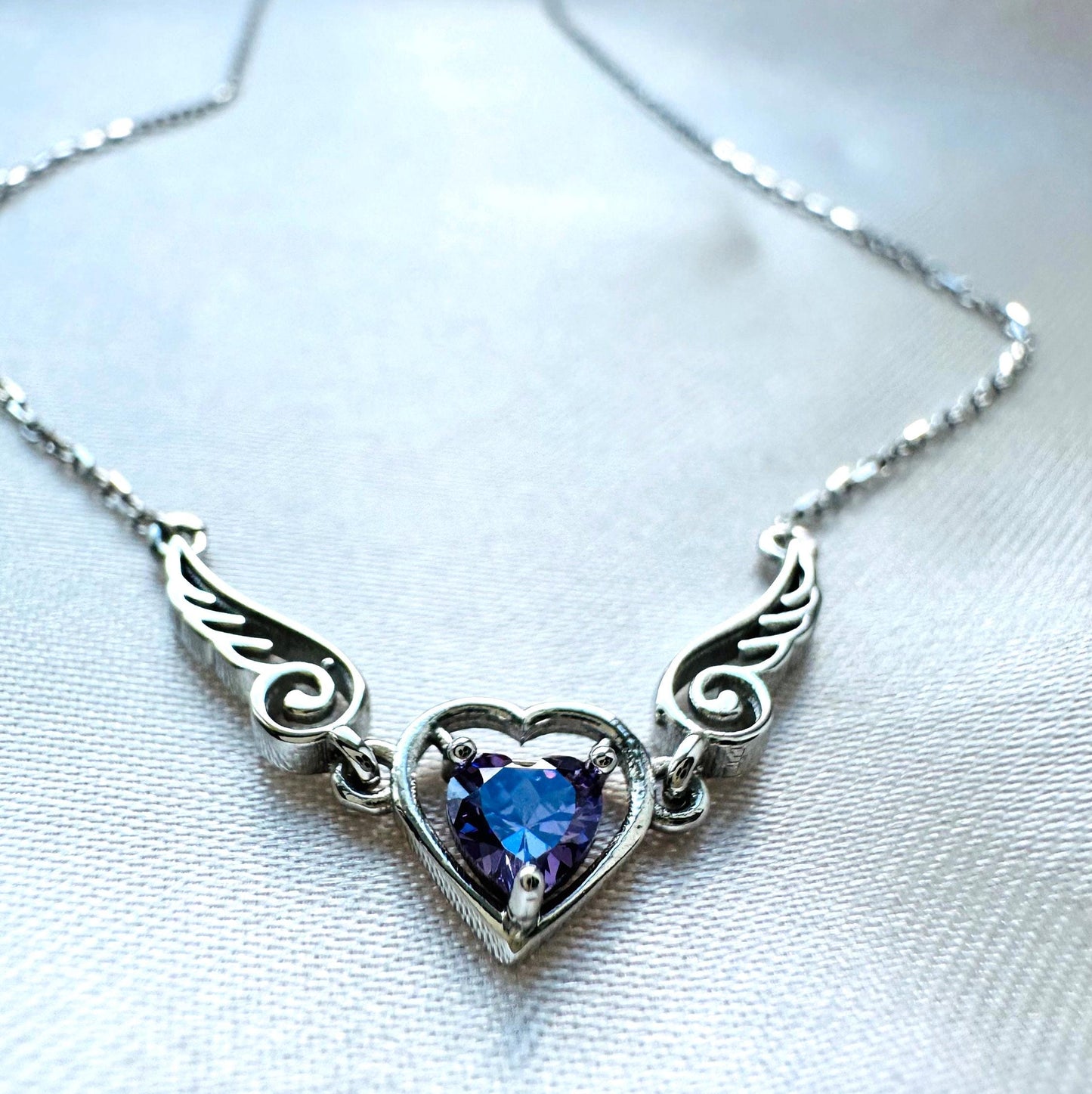 Amethyst Heart Necklace - Sterling Silver Angel Wing Pendant - February Birthstone Jewelry