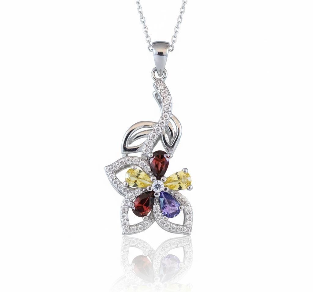 Sterling Silver Flower Necklace with Citrine, Garnet & Sapphire Birthstones -