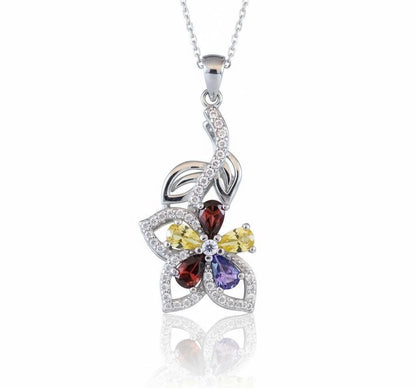 Sterling Silver Flower Necklace with Citrine, Garnet & Sapphire Birthstones -
