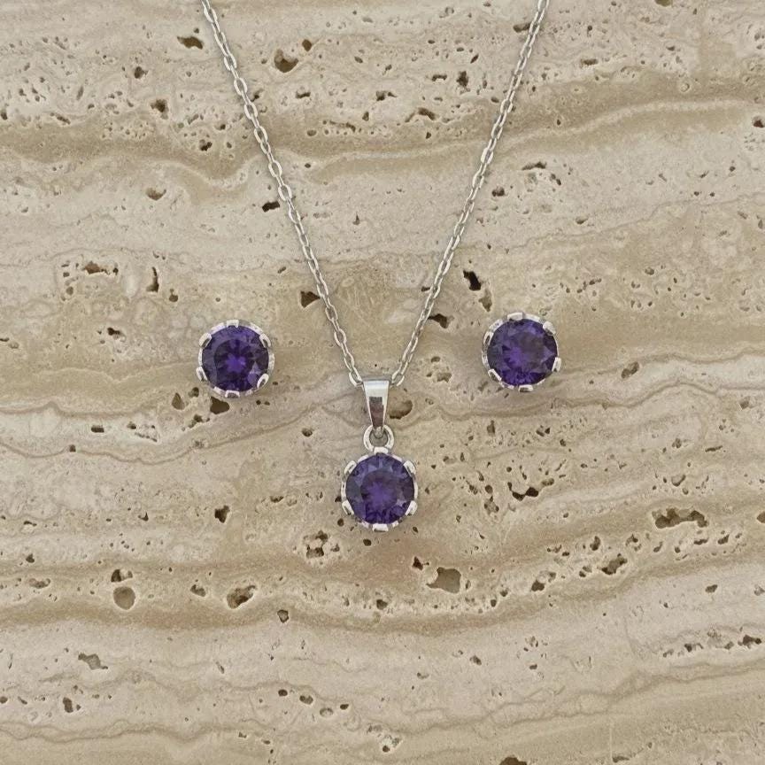 Minimalist Amethyst Pendant & Earrings Set - Sterling Silver February Birthstone -