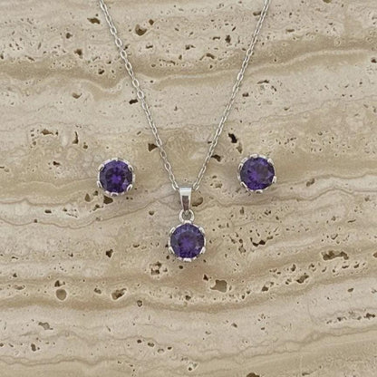 Minimalist Amethyst Pendant & Earrings Set - Sterling Silver February Birthstone -