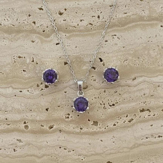 Minimalist Amethyst Pendant & Earrings Set - Sterling Silver February Birthstone -
