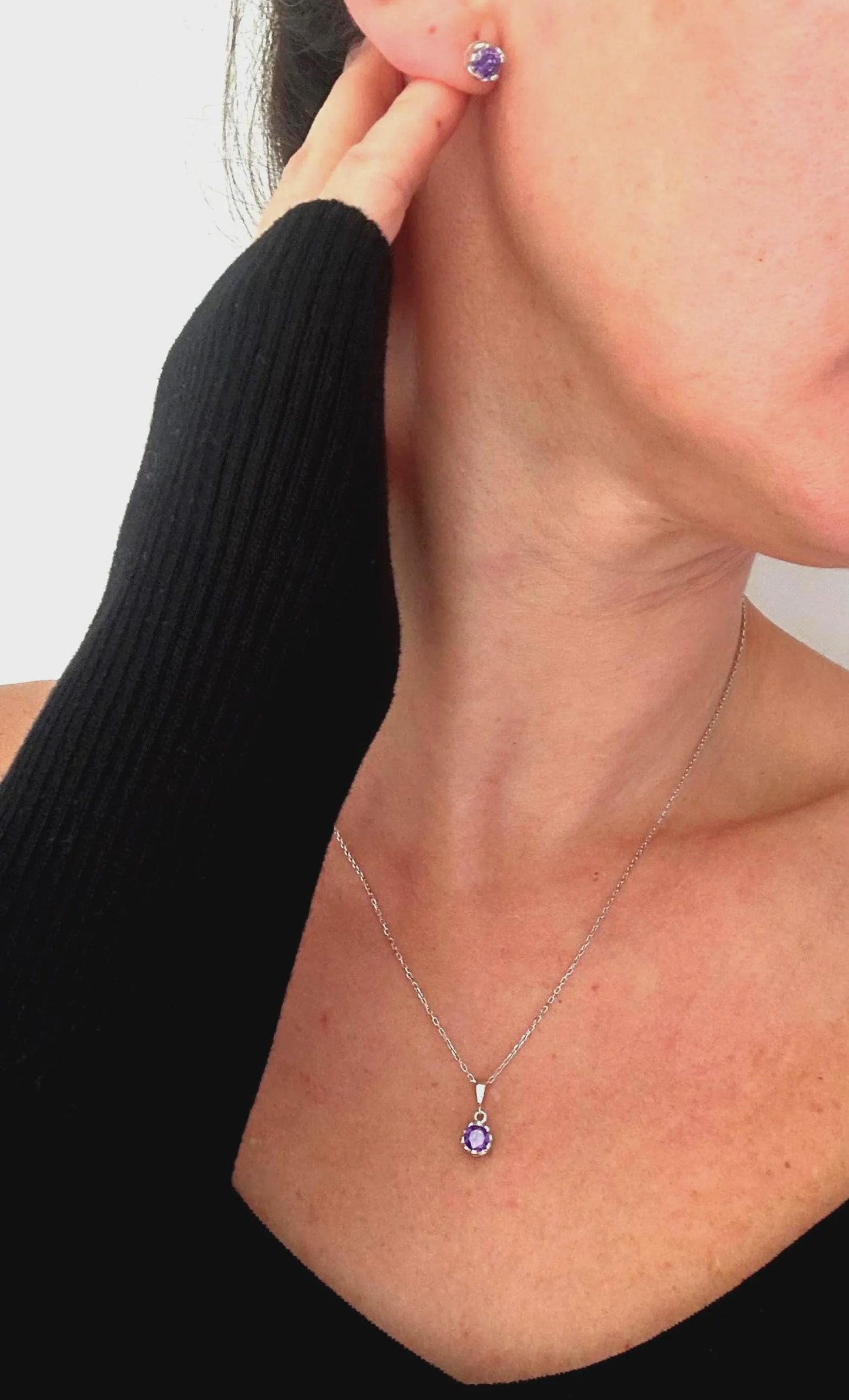 Minimalist Amethyst Pendant & Earrings Set - Sterling Silver February Birthstone -