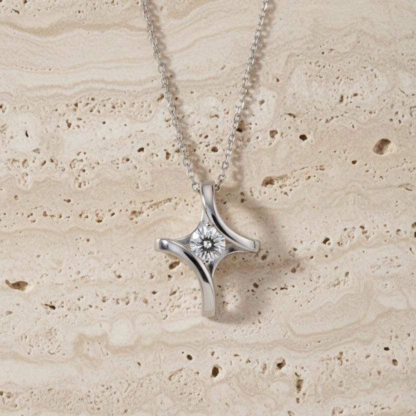 Minimalist Sterling Silver Cross Necklace with Zircon Solitaire Stone