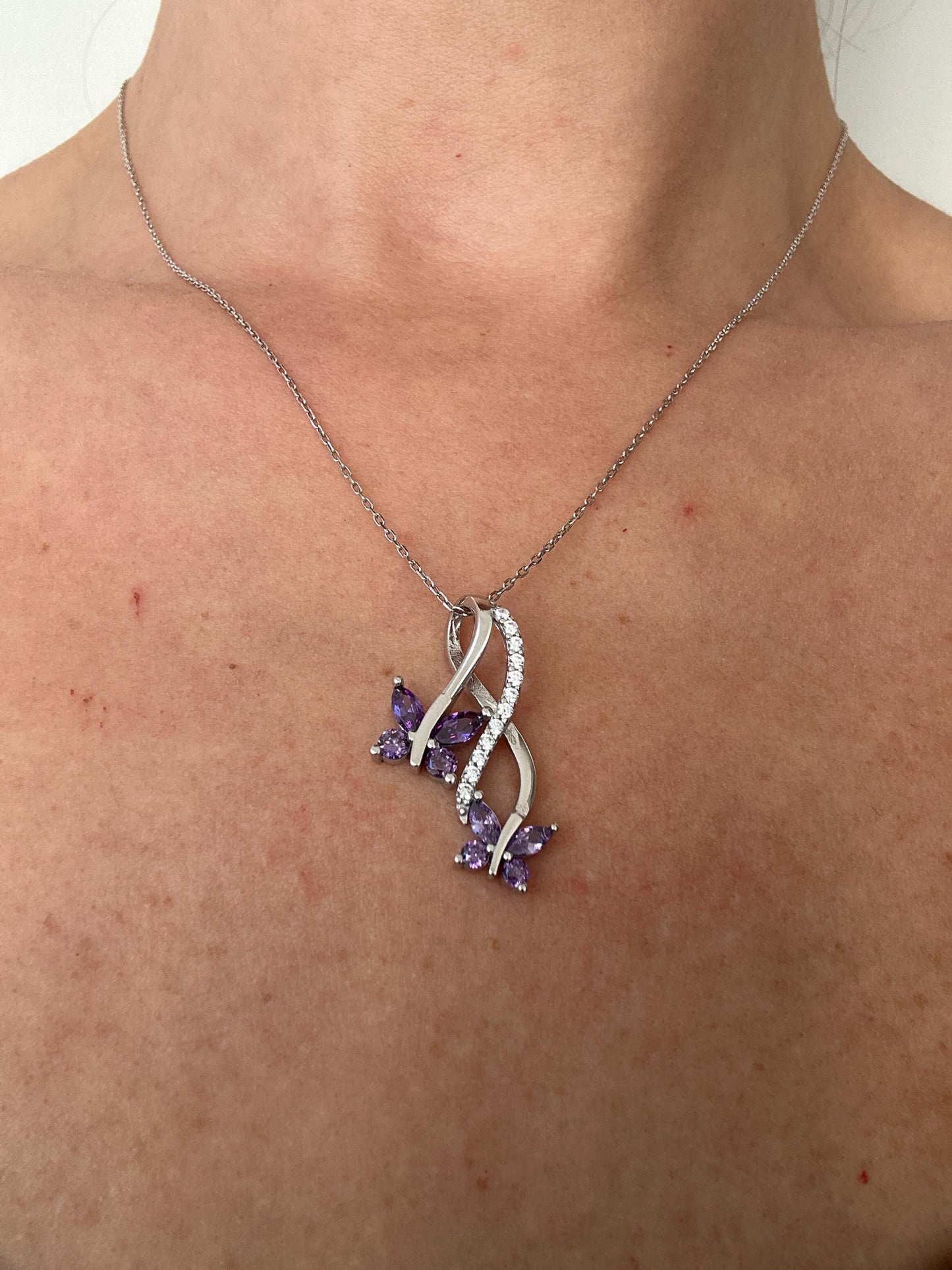 Infinity Amethyst Necklace with Butterfly Charm - February Birthstone Pendant -