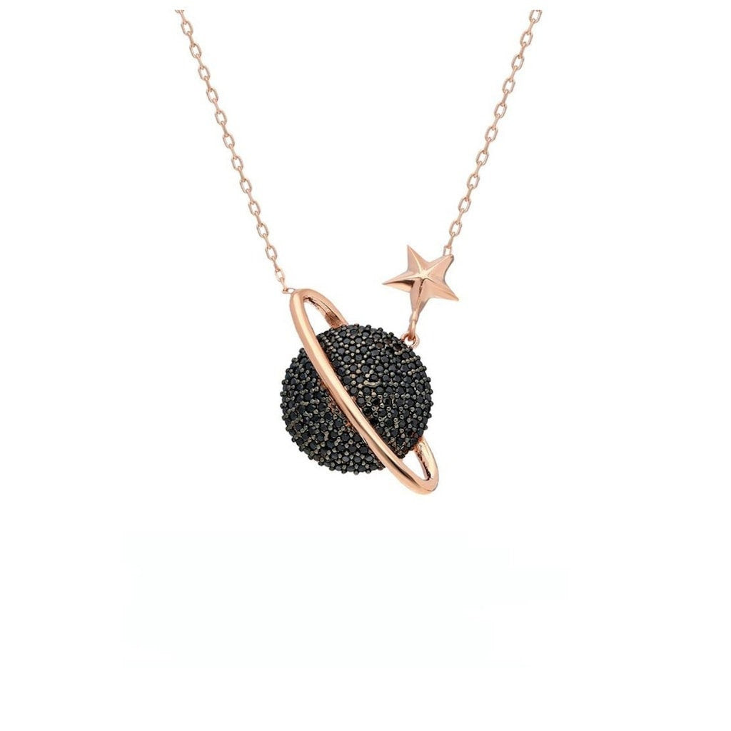 Black Zircon Saturn Necklace: Rose Gold Sterling Silver Galaxy Pendant