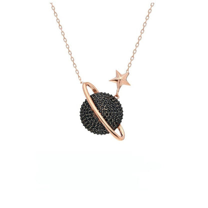Black Zircon Saturn Necklace: Rose Gold Sterling Silver Galaxy Pendant