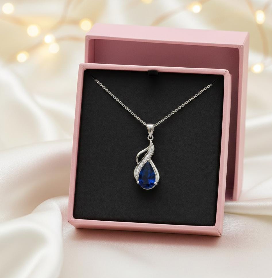 Royal Blue Sapphire Teardrop Pendant – Sterling Silver September Birthstone