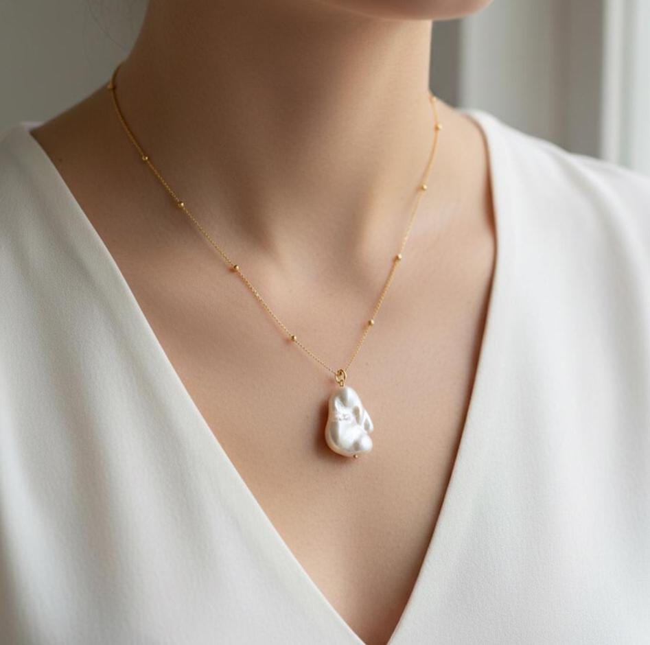 Gold Vermeil Baroque Keshi Pearl Necklace - Handmade Sterling Silver Jewelry