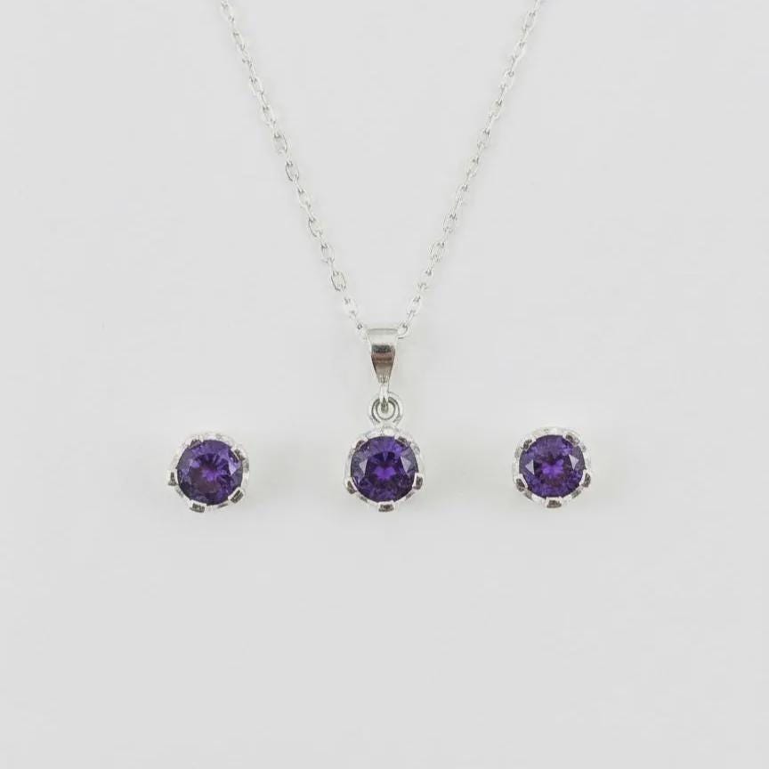 Minimalist Amethyst Pendant & Earrings Set - Sterling Silver February Birthstone -