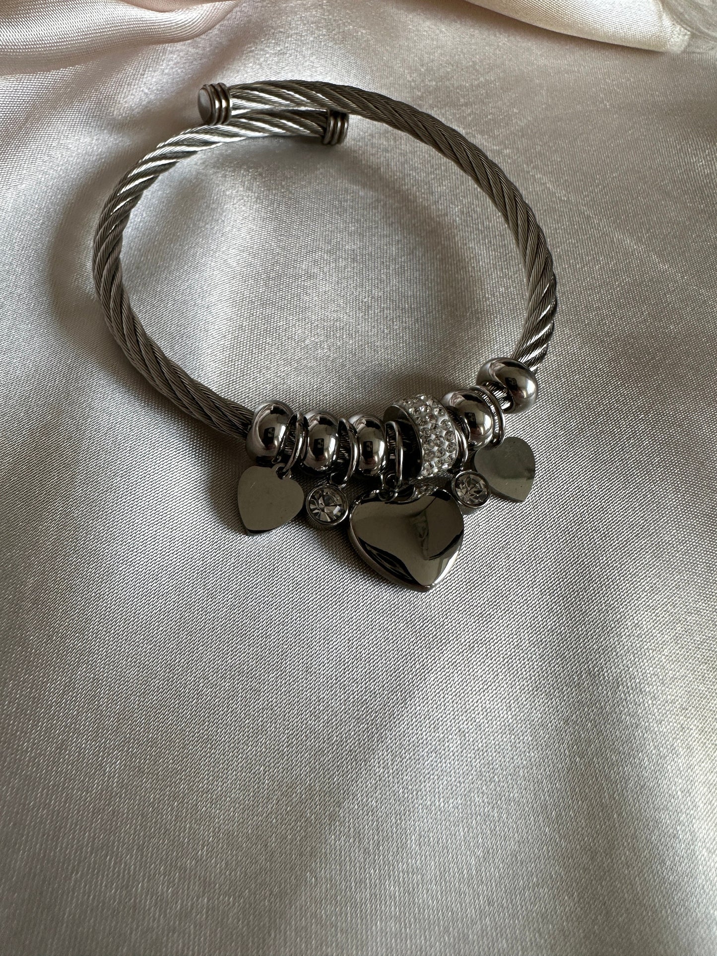 Silver Stainless Steel Charm Bangle: Hypoallergenic Heart Bracelet