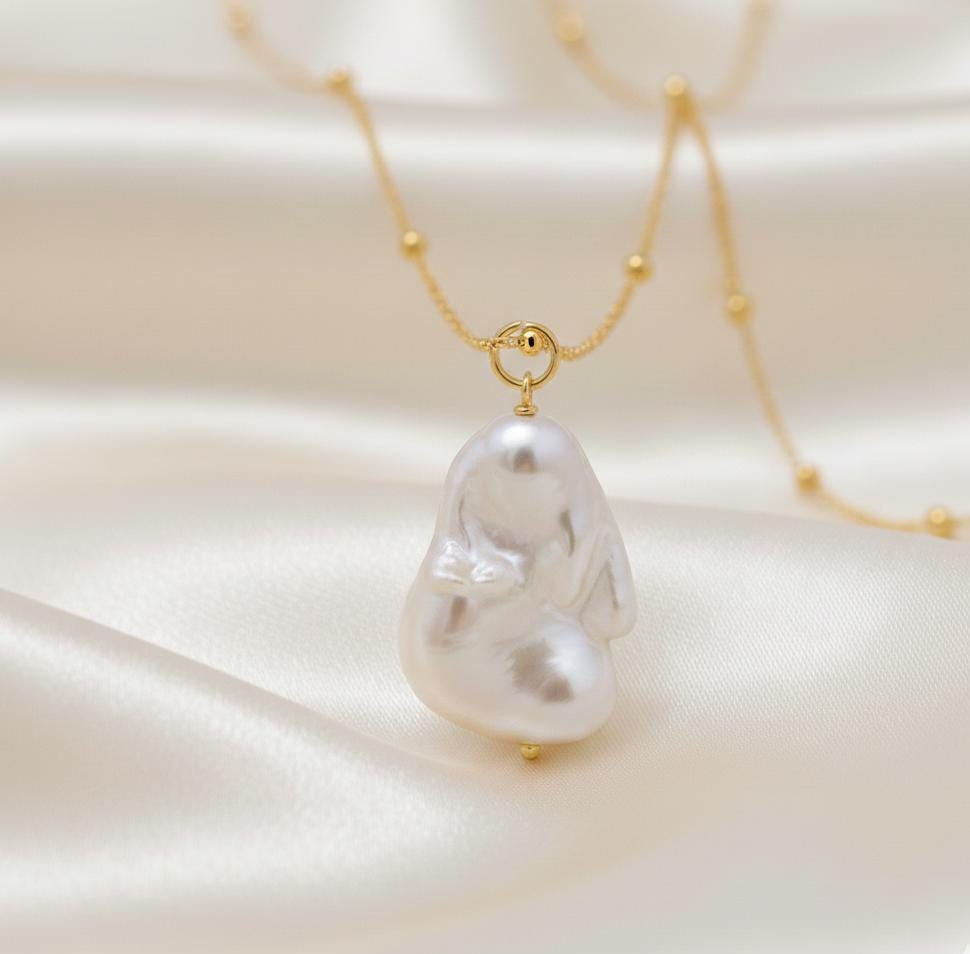 Gold Vermeil Baroque Keshi Pearl Necklace - Handmade Sterling Silver Jewelry