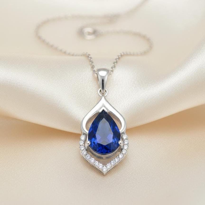 September Birthstone Necklace - Sapphire Teardrop Pendant in Sterling Silver