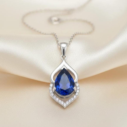 September Birthstone Necklace - Sapphire Teardrop Pendant in Sterling Silver