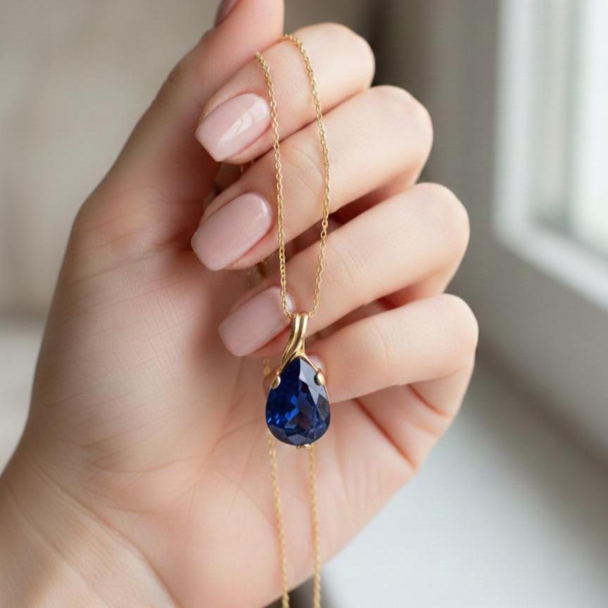 Gold Vermeil Sapphire Teardrop Necklace - September Birthstone Pendant - Dainty Jewelry Gift for Her-
