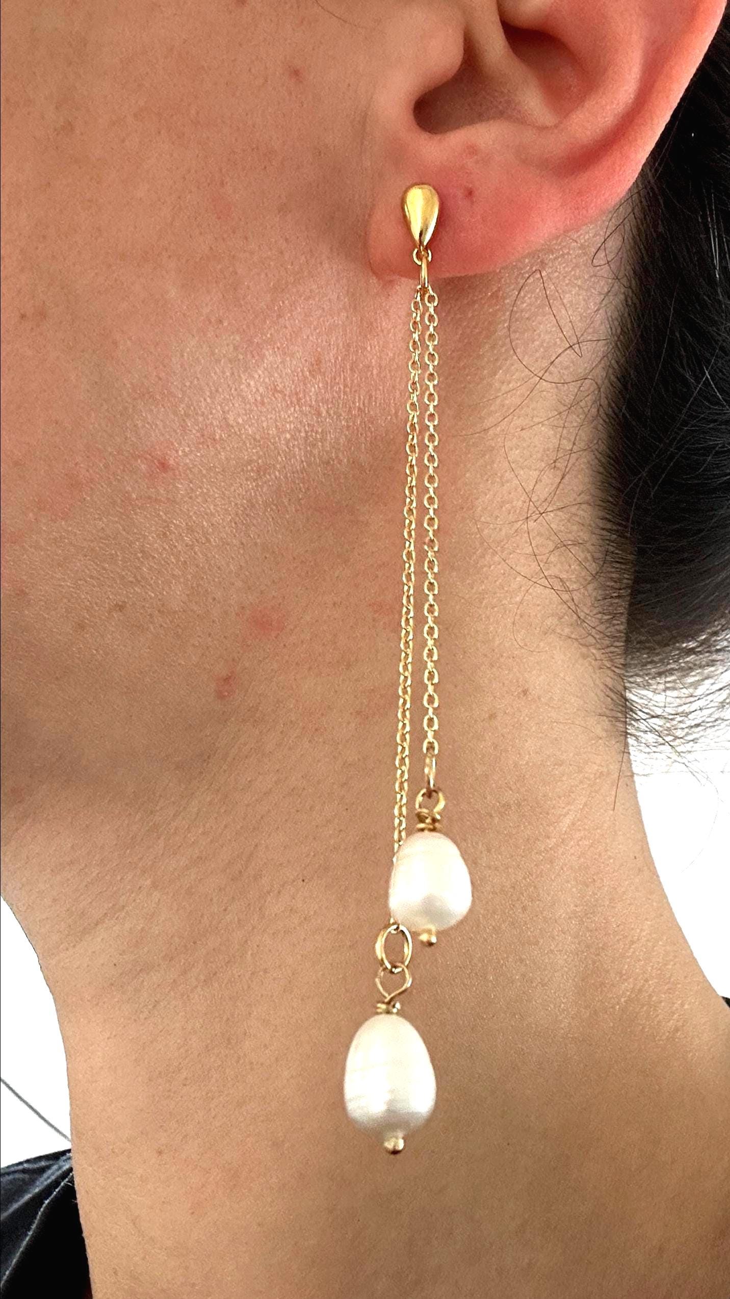 Handmade Pearl Drop Earrings: Gold Stainless Steel Hoops