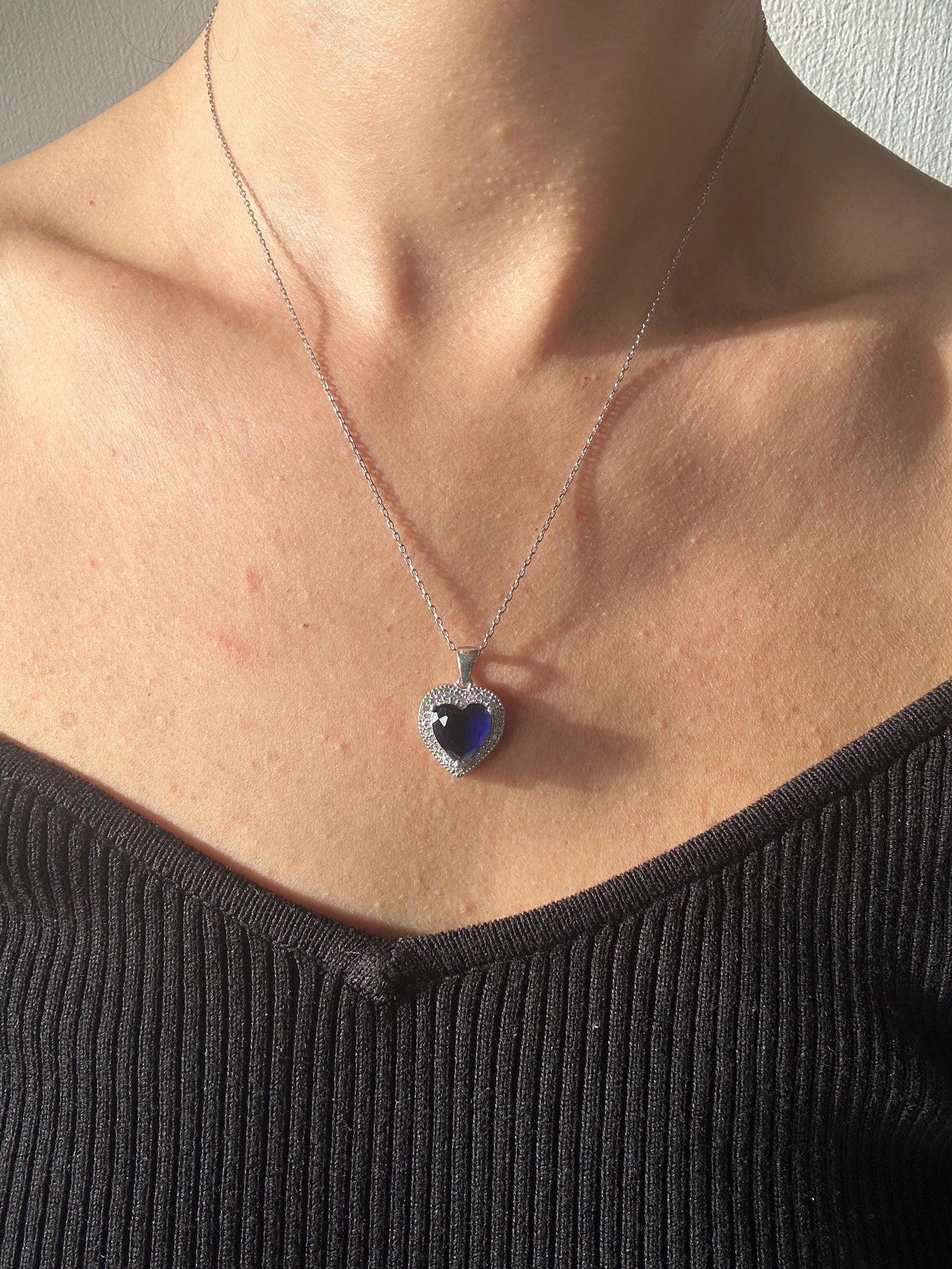 Sapphire Heart Sterling Silver Necklace & Earrings Set - September Birthstone