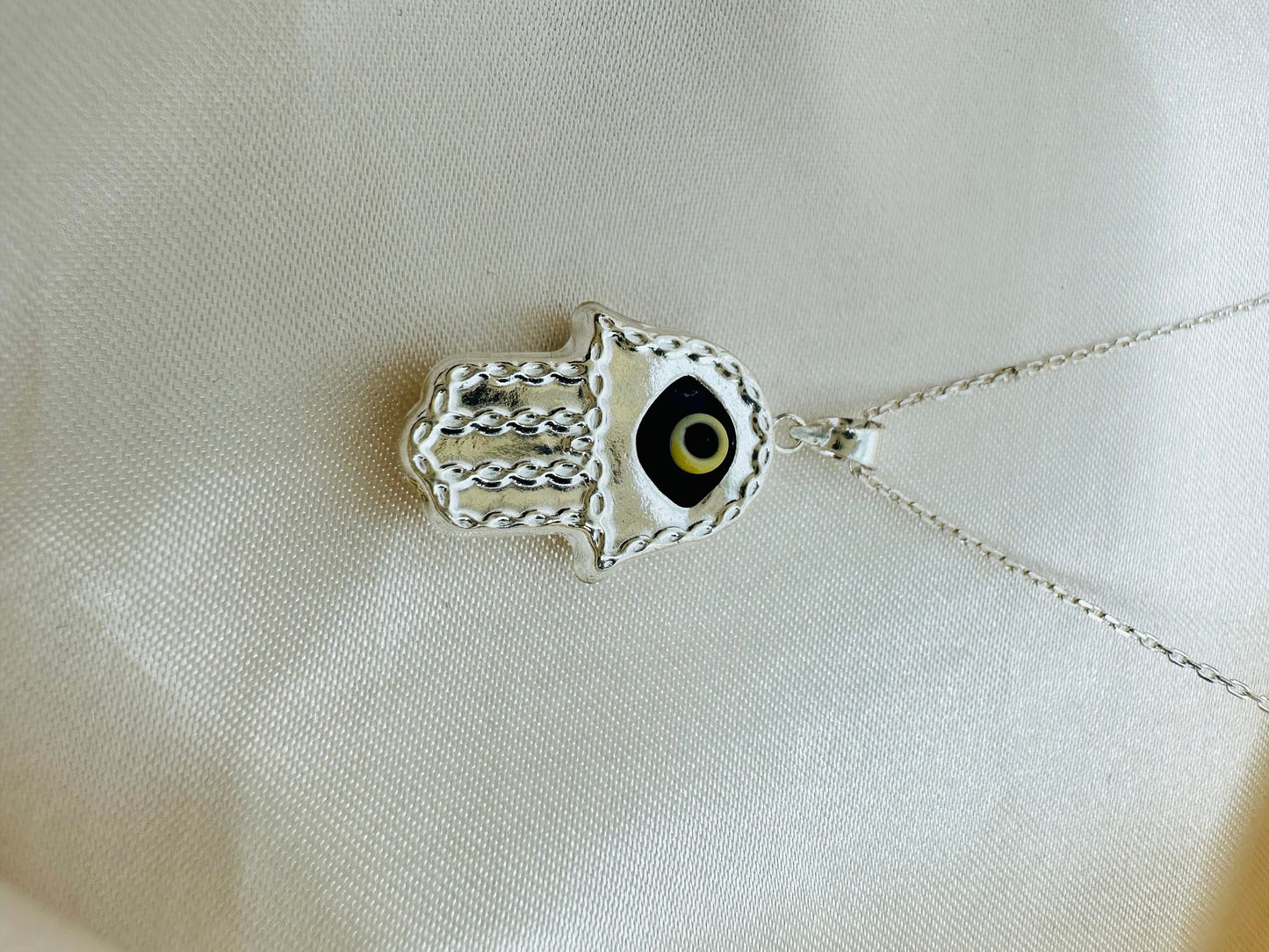 Sterling Silver Hamsa Hand Necklace - Evil Eye Pendant - Gift for Her