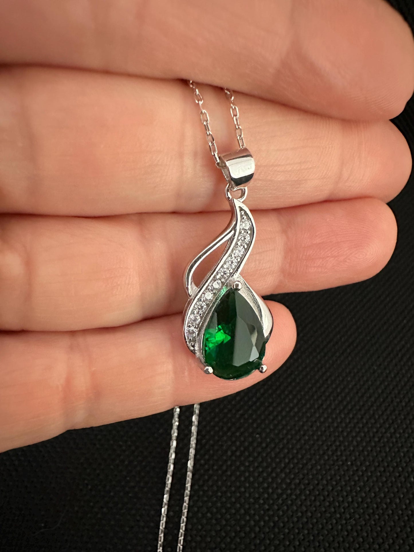 Emerald Teardrop Necklace – Sterling Silver May Birthstone Pendant -