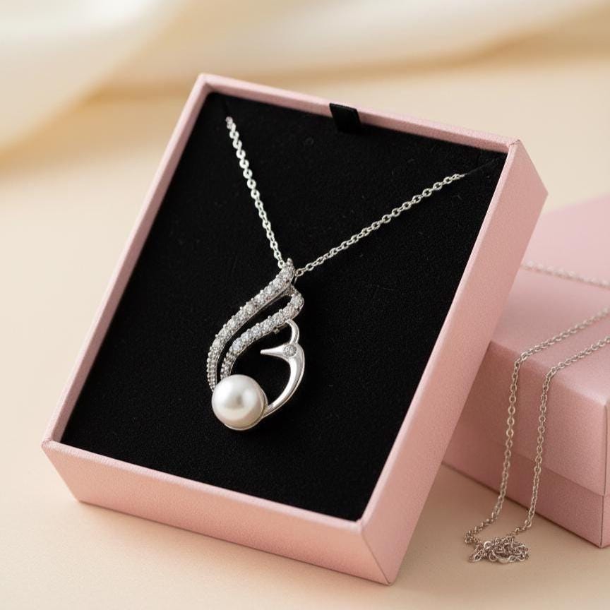 Swan Pearl Silver Necklace - June Birthstone Pendant Gift for Her
