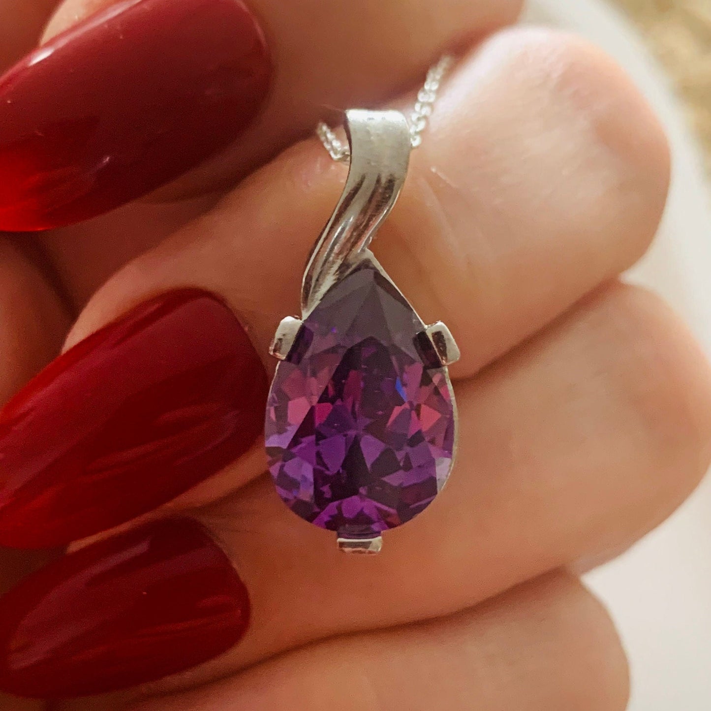 Dainty Amethyst Teardrop Necklace - February Birthstone Pendant