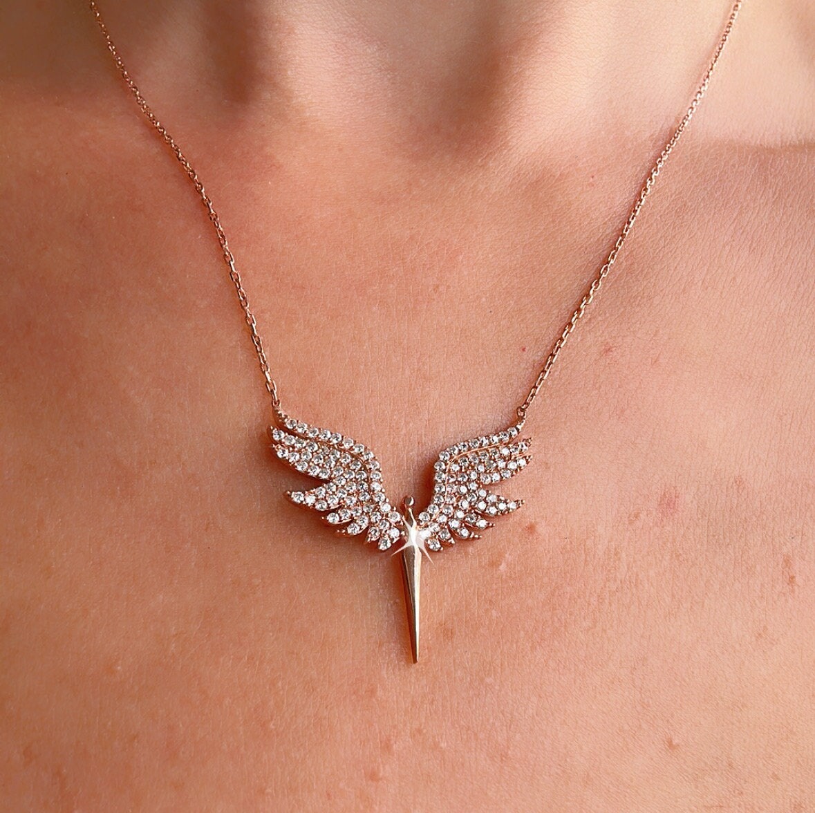 Archangel Wings Necklace in Rose Gold Vermeil - Sterling Silver St. Michael Charm