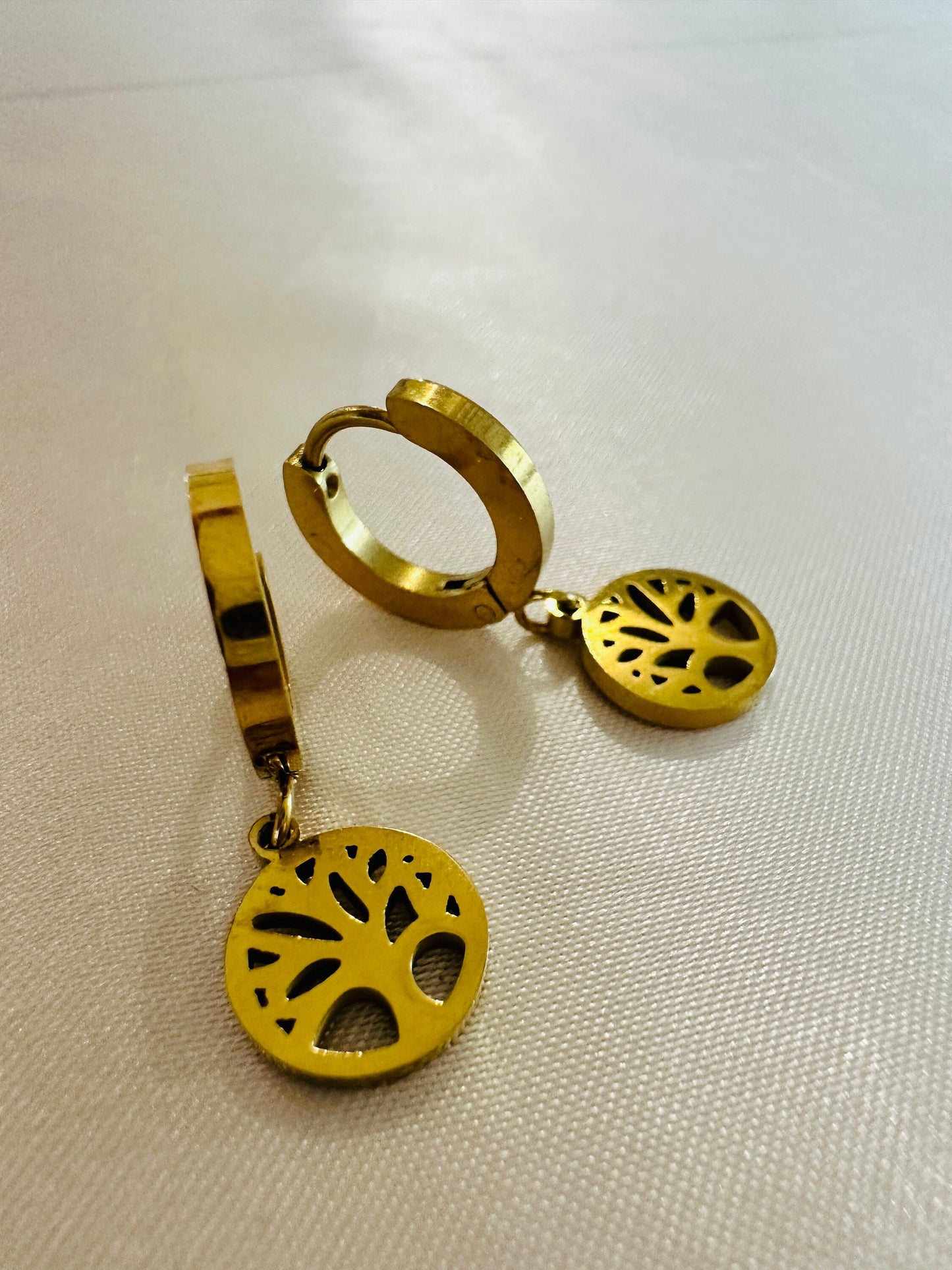 Gold Life Tree Dangle Earrings: Hypoallergenic Steel