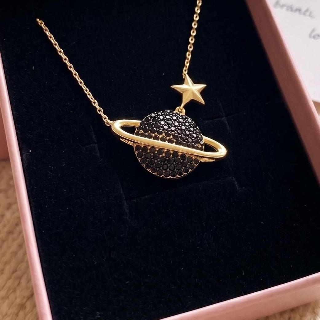 Chic Gold Vermeil Saturn Necklace - Sterling Silver Planet with Black Zircon