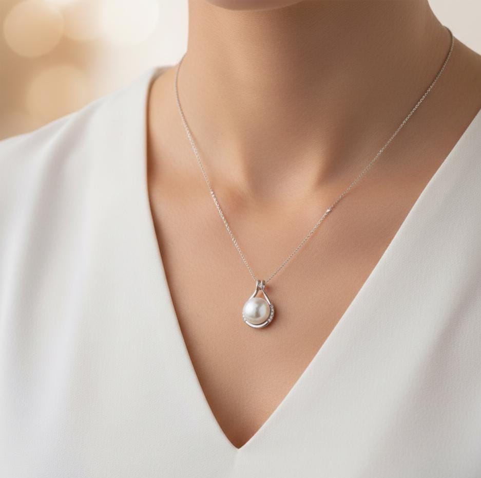 White Pearl in Sterling Silver Circle Charm -Dainty