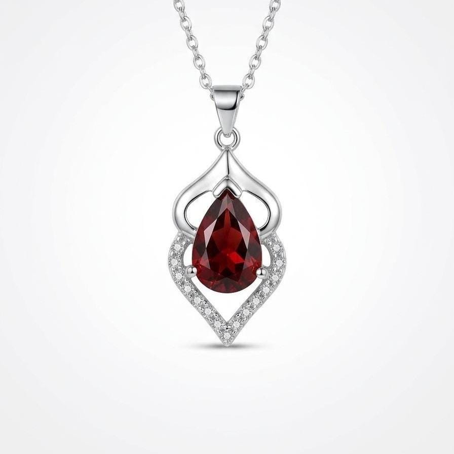 Pear Cut Ruby Pendant Necklace in Sterling Silver -July Birthstone -