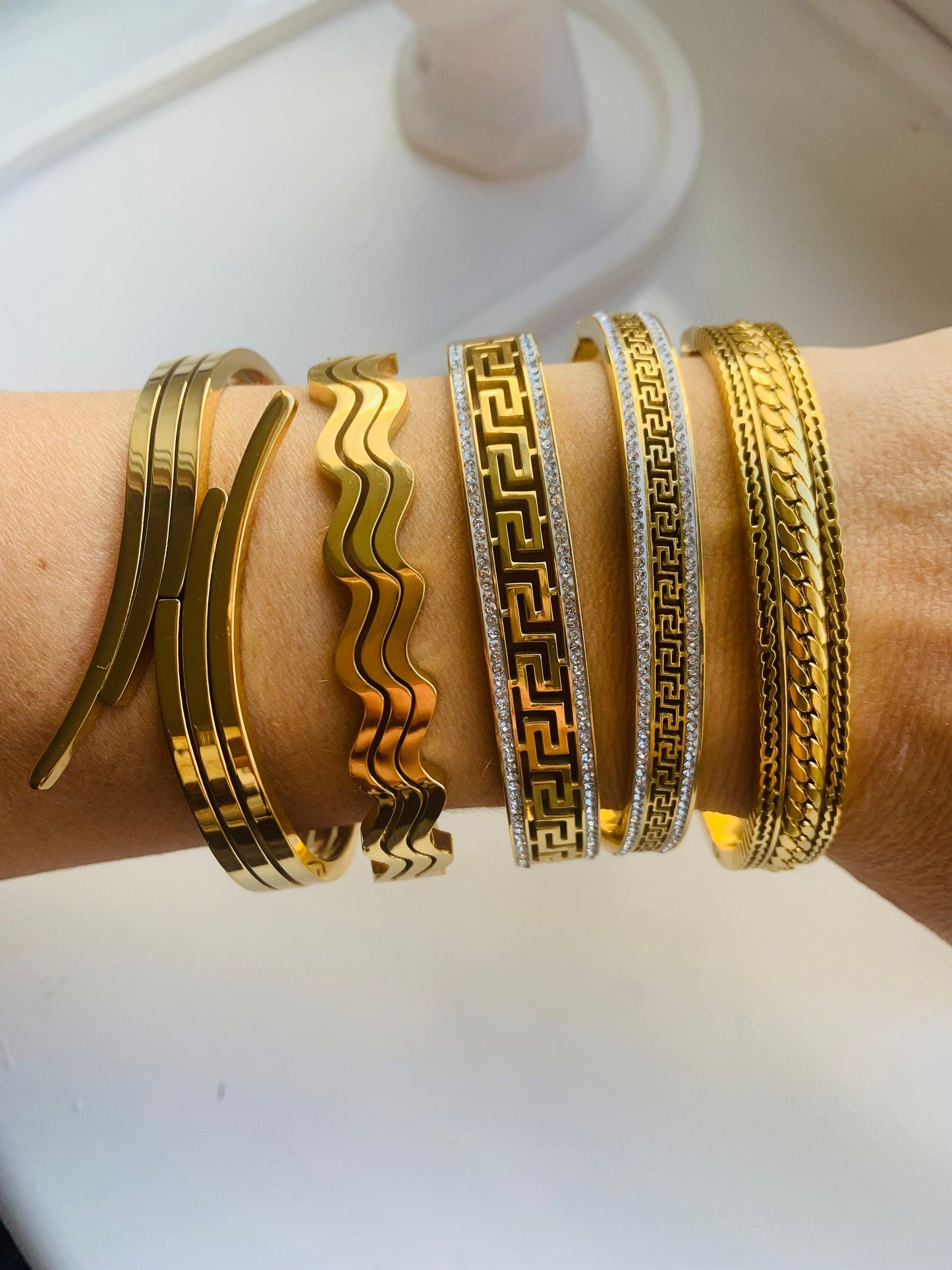 Gold Bangle: Greek Key Stainless Steel Bracelet