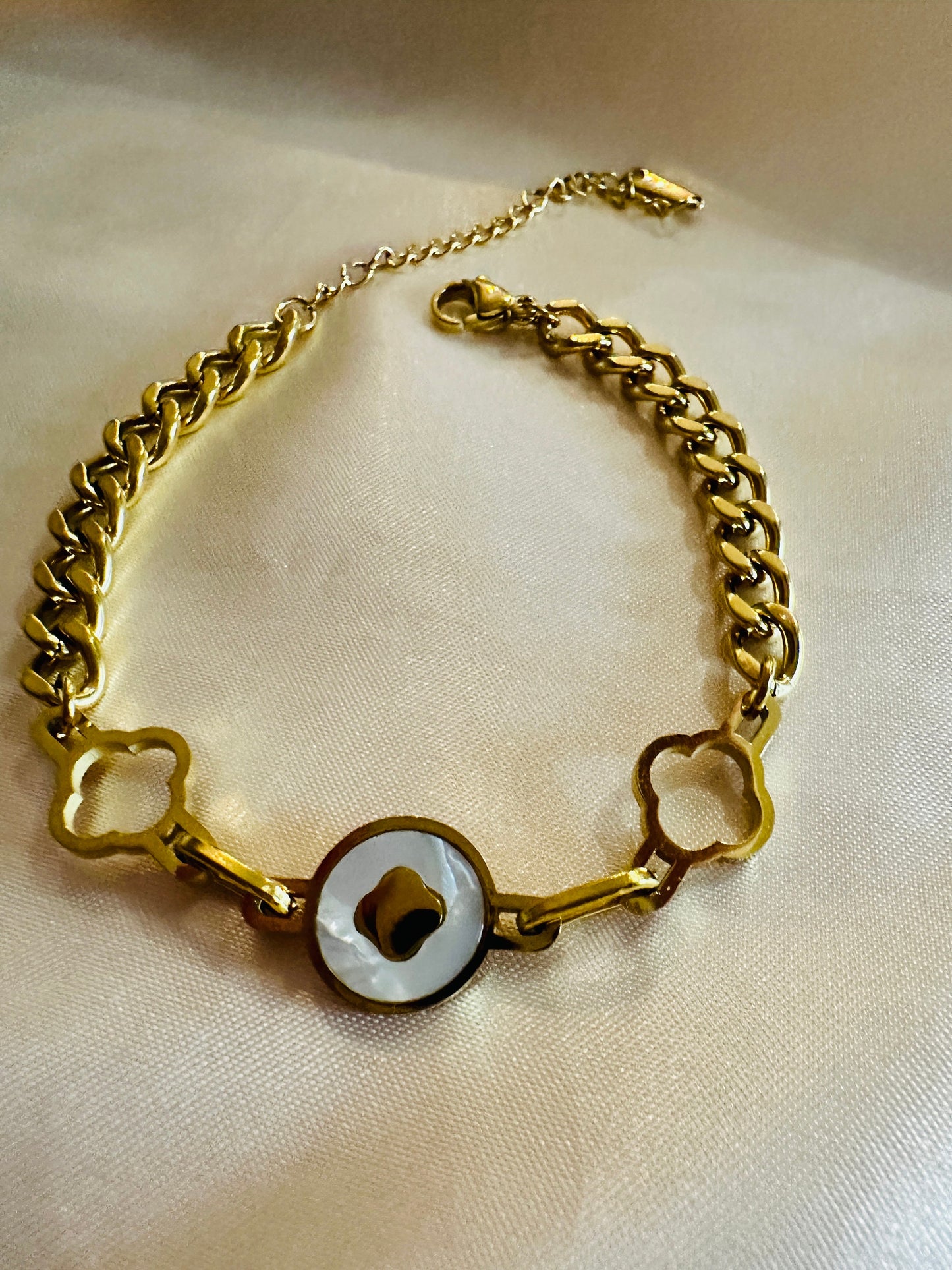 Gold Pearl Clover Charm Bracelet