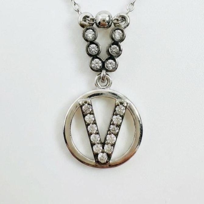 Personalized Sterling Silver V Initial Necklace - Custom Letter with Zircon